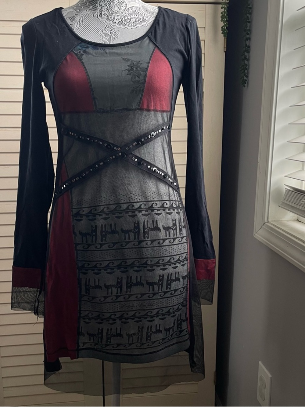 Black  Long-Sleeve Mesh Panel Dress with Sequin Detail